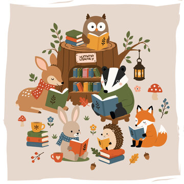 Forest Friends Reading Club Woodland Animal Illustration