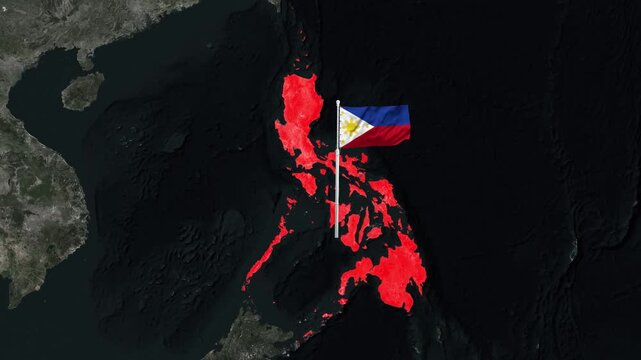 Philippines map highlighted in red with waving national flag motion video