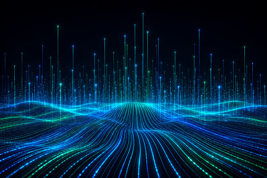 Abstract blue green data landscape with flowing luminous lines and vertical signals representing digital networks, big data processing, technology, and artificial intelligence background