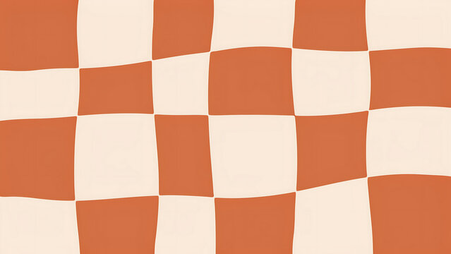 Retro wavy checkerboard pattern background, distorted orange and cream checkered texture, psychedelic 70s aesthetic wallpaper for creative design
