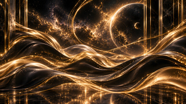 Celestial Silk Waves with Flowing Black and Gold Fabric in a Luxury Cosmic Landscape