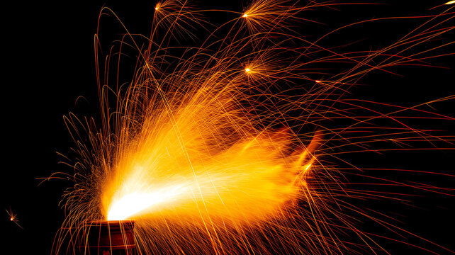 Bright molten metal sparks spraying at night with grinding industry industrial workshop craftsmanship construction manufacturing explosion dangerous particles blackground