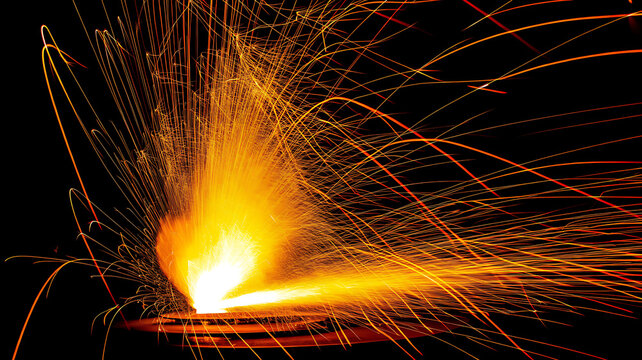 Molten metal sparks flying from industrial grinding with grinding industry industrial construction manufacturing particles workshop craftsmanship explosion blackground