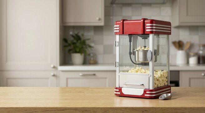 Mini retro red popcorn machine on a wooden kitchen counter. Small vintage style home appliance filled with fresh popcorn for movie night