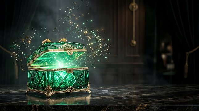 An ancient ornate wooden treasure chest glowing with magical green light sitting in a dark mysterious room with particles floating in the air