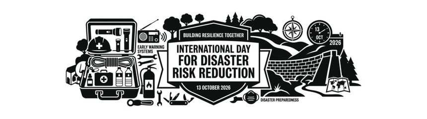 Obraz premium International Day for Disaster Risk Reduction 13 October 2026 Banner with Emergency Preparedness Kit