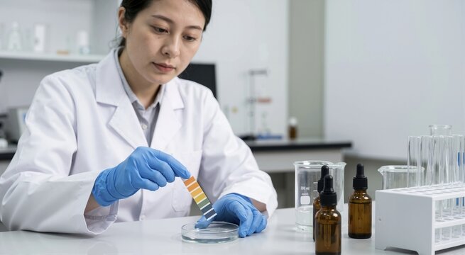Female scientist holding a pH test strip over a petri dish in a laboratory. Chemist in a white coat and gloves analyzing a chemical reaction. Science and research concept