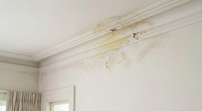 Severe water damage and peeling paint on interior plaster crown molding. Yellow stains and cracked ceiling from roof leak