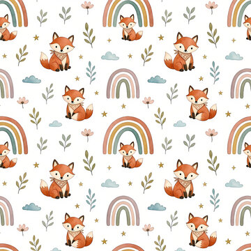 seamless pattern with animals, cute fox with flowers and rainbow, graphic design illustration wallpaper 