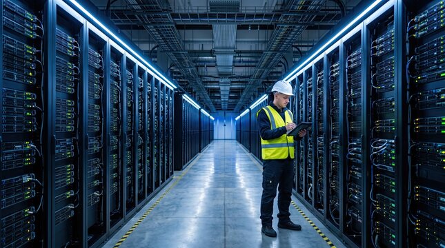 Data center worker in a yellow vest and hard hat using a tablet in a modern server aisle illuminated by blue lights