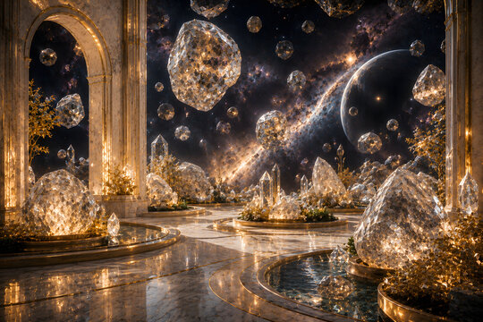 Diamond Asteroid Garden with Floating Crystal Asteroids in a Luxury Cosmic Sanctuary
