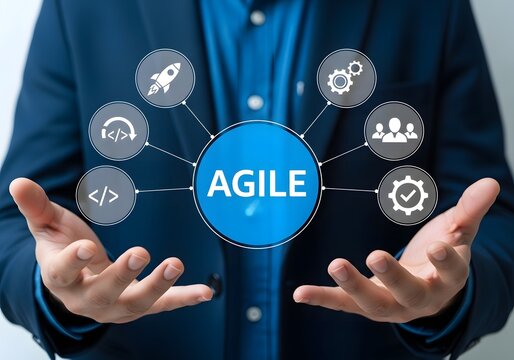Businessman presenting agile methodology concept with virtual icons for software development