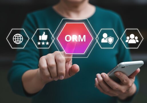 Hand touching digital screen with online reputation management icons for business growth