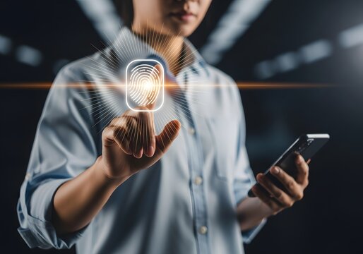 Person using a smartphone and touching a digital fingerprint scanner for secure access