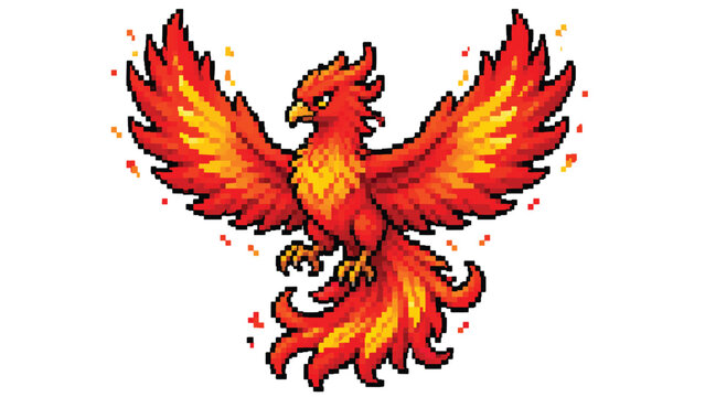 Majestic phoenix firebird pixel art vector illustration isolated on white background for fantasy gaming, mythology, magic and retro game assets