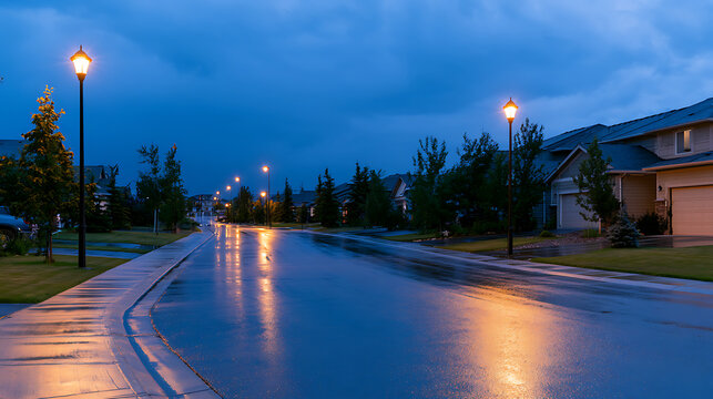 Quiet suburban street at dusk after rain, illuminated by warm streetlights reflecting on the wet pavement under a dramatic blue sky