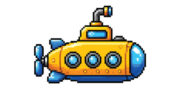 Pixel art yellow submarine vector illustration isolated on white background for retro underwater games, ocean adventures and digital game assets