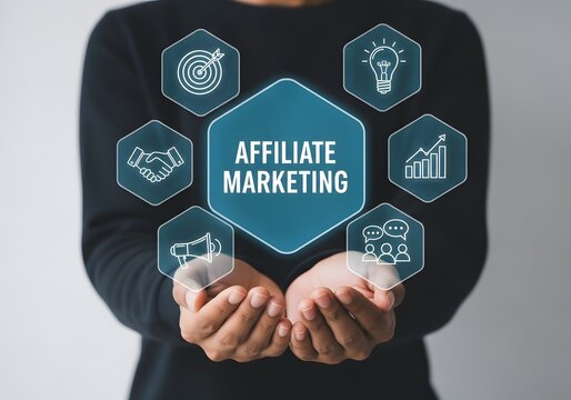 Person holding a digital interface with affiliate marketing icons for business promotion