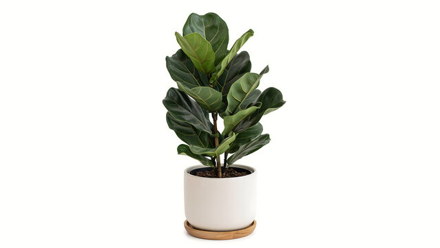 Potted fiddle leaf fig plant in white ceramic pot with indoor plant green leaves home decor living room interior design white background houseplant botanical decoration minimalist gardening