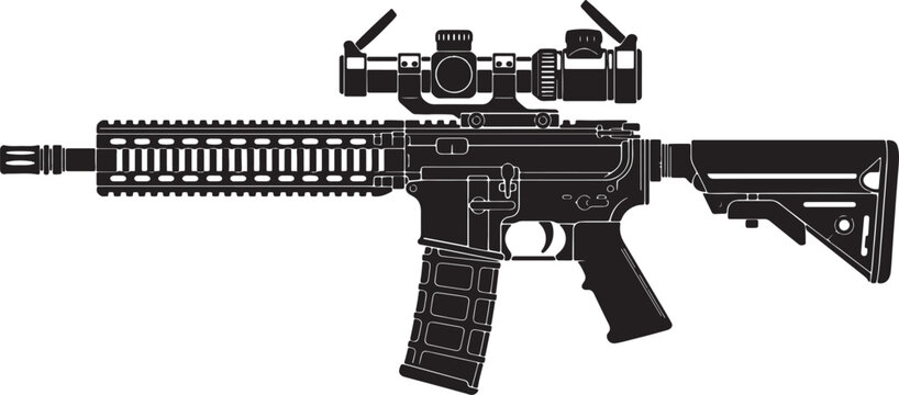 Assault rifle with scope and magazine vector silhouette for military or tactical use on transparent background.