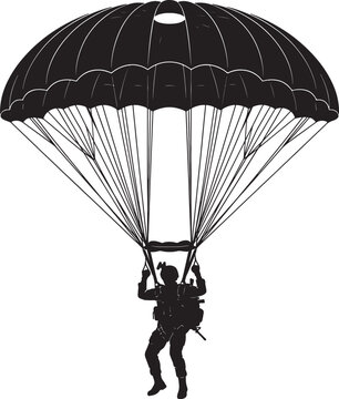 Paratrooper silhouette with open parachute vector illustration, military soldier jumping with parachute.