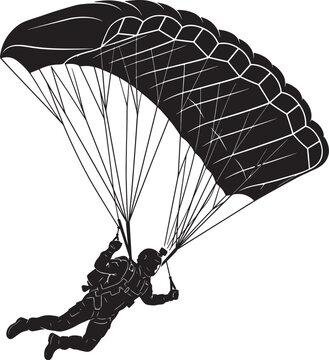 Black silhouette of paratrooper with parachute descending from sky during outdoor recreational skydiving jump.