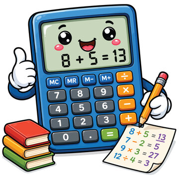 Cute calculator cartoon mascot vector illustration isolated on white background for mathematics education, accounting, finance and school learning