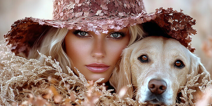 Beautiful blonde woman in a wide-brimmed glamorous pink hat hugging a golden retriever dog on countryside background. Friendship, caninity and pet concept. Close-up fashion portrait for poster