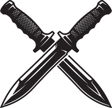 Two combat knives with textured handles and sharpened blades crossed in an x-shape, illustrating military theme.