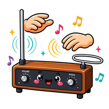 Cute theremin musical instrument cartoon vector illustration isolated on white background for electronic music, sound technology and creative education