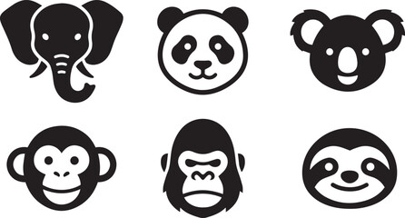 Fototapeta premium Set of cute wild animal face icons elephant panda koala monkey gorilla and sloth vector design