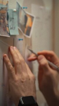 Idea of bright, multicolored sticky notes covering the wall, an office worker brainstorms tasks, seeks solutions to complex problems in the evening, marking key points with a sharp pen