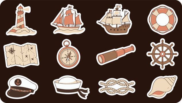 Nautical and maritime themed hand drawn stickers set with ships and sailing accessories nautical maritime lighthouse navigation steering lifebuoy telescope adventure collection