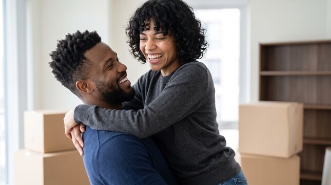 Happy young Black couple hugging celebrating moving in new house apartment after mortgage approval real estate property purchase home owner loan investment family relocation cardboard boxes.