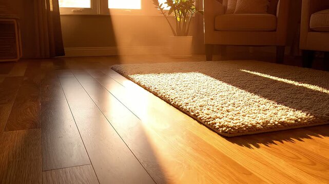 Time-lapse of bright sunlight and dust motes moving across a wooden living room floor and rug