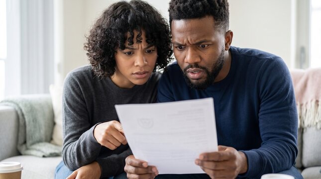 Worried shocked African American couple looking at mortgage foreclosure notice paper document at home, feeling stressed about high monthly utility bills debt interest rates inflation.