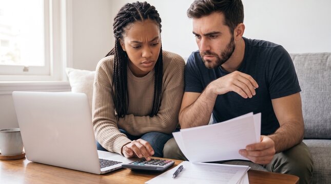 Concerned young multiethnic couple calculating home loan mortgage budget paper document bills laptop planning financial tax debt management real estate contract review living room indoor.
