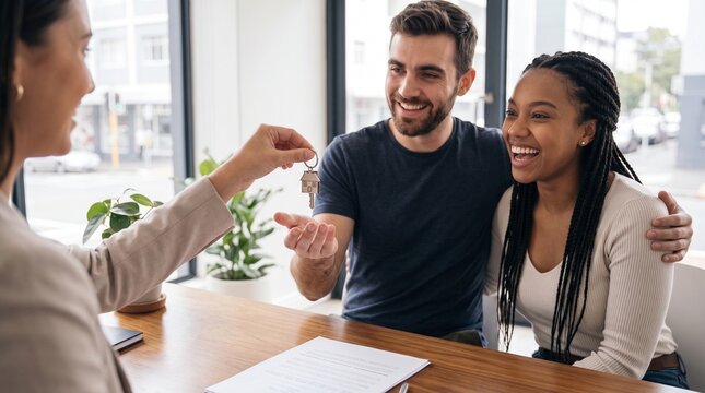 Excited diverse couple receiving keys to new house from real estate agent at office desk signed mortgage contract agreement property purchase deal financial loan approved homeownership goal