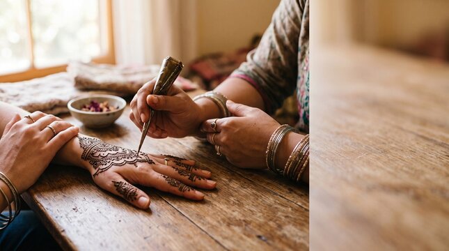 Henna artist applying traditional mehndi design on a woman's hand
