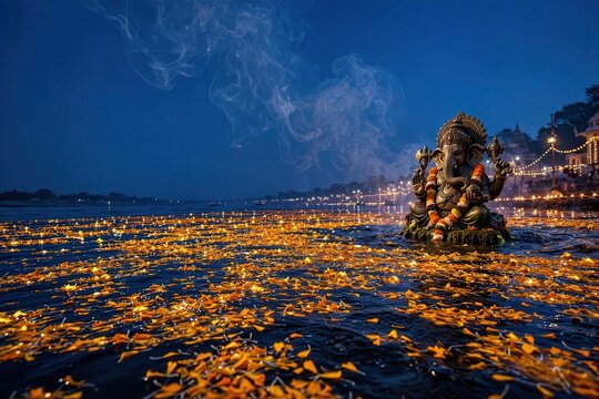 Ganesh idol submerged in holy river during Ganesh Chaturthi festival, traditional Hindu ritual, spiritual celebration of the deity Ganesha in India