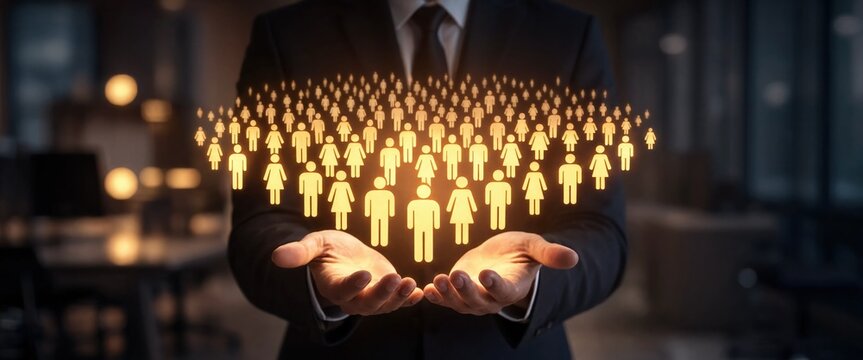 Businessman holding glowing people icons representing workforce, community, leadership and human resources