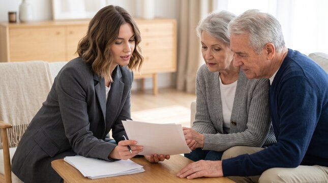 Professional female mortgage broker explaining contract terms to senior couple during home loan consultation in living room. Financial advisor helping elderly clients with estate planning.