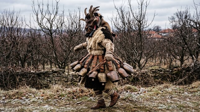 Kukeri performer swings bells beside a winter orchard