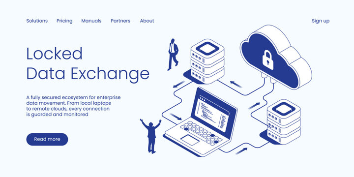 Isometric locked data exchange vector illustration. Enterprise data movement and cloud security concept with a laptop, servers, and padlock. Clean IT technology landing page layout
