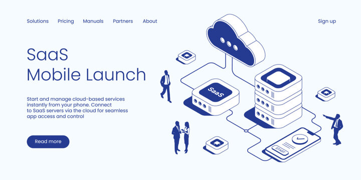 Isometric SaaS mobile launch vector illustration. Cloud-based software service and server management concept with a smartphone, SaaS server, and people. Clean IT technology landing page layout