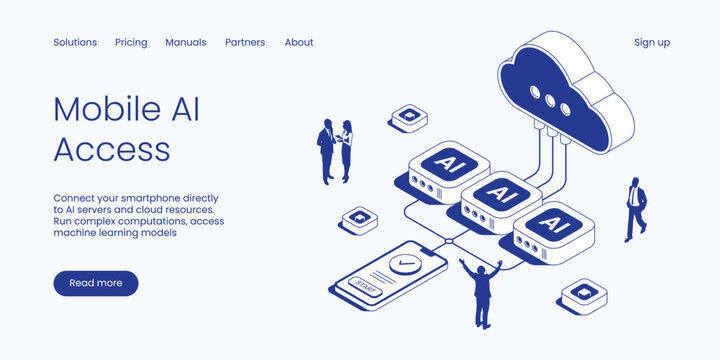 Isometric mobile AI access vector illustration. Artificial intelligence cloud computing and server concept with a smartphone, AI servers, and people. Clean IT technology landing page layout