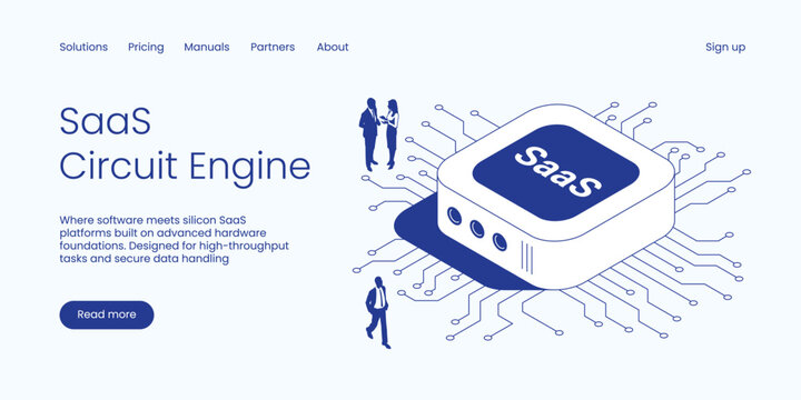 Isometric SaaS circuit engine vector illustration. Software as a service microchip and hardware foundation concept with people on a circuit board. Clean IT technology landing page layout