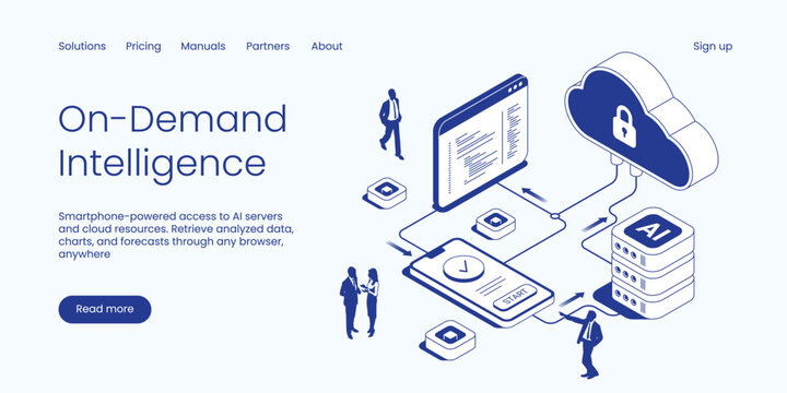 Isometric on demand intelligence vector illustration. AI server access and cloud computing concept with a smartphone, browser window, and people. Clean IT technology landing page layout