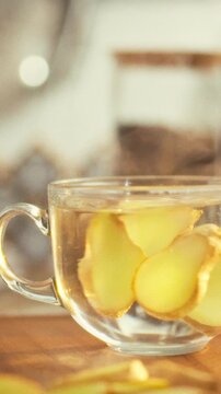 In a sunlit kitchen, a man's hand holds a spoon, stirring a pot of hot tea infused with fresh ginger, the steam rises as the beverage is prepared, creating a warm, aromatic atmosphere