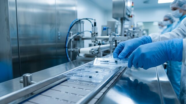 Worker packing syringes on production line. Sterile pharmaceutical manufacturing process.